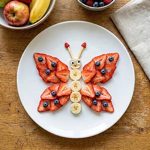 Strawberry-Banana Beauties Schmetterling: Erdbeerscheiben-Flügel mit Blaubeer-Punkten, Bananenscheiben-Körper und Himbeer-Fühler, mit Esspapieraugen