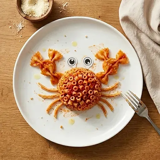 Red Pasta Ocean Krabbe: ein Körper aus Ringnudeln mit Farfalle-Scheren, Spaghetti-Beinen und Esspapieraugen, in Tomatensauce