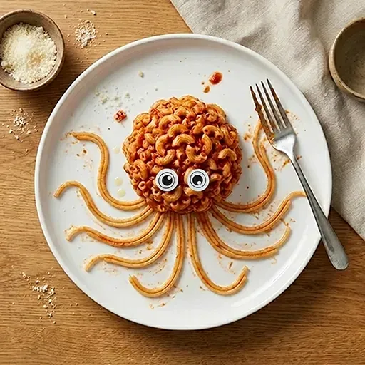 Red Pasta Ocean Oktopus: ein Körper aus Hörnchennudeln mit Esspapieraugen und lockigen Spaghetti-Tentakel-Beinen, in Tomatensauce