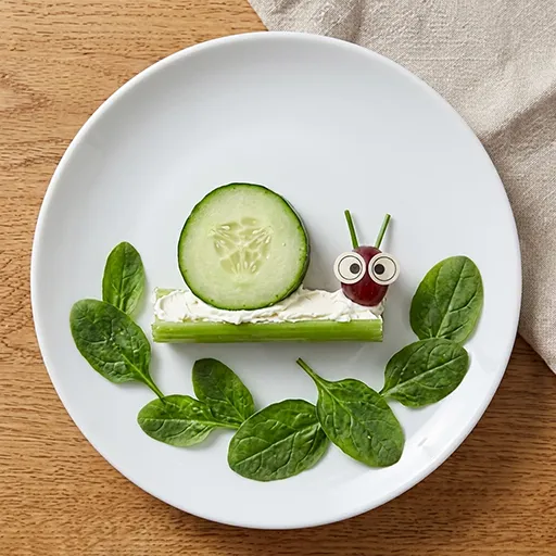 Little Crawlers: a cream-cheese-filled celery stick topped with a cucumber slice, a grape caterpillar head with googly eyes and antennae, on a spinach-leaf bed