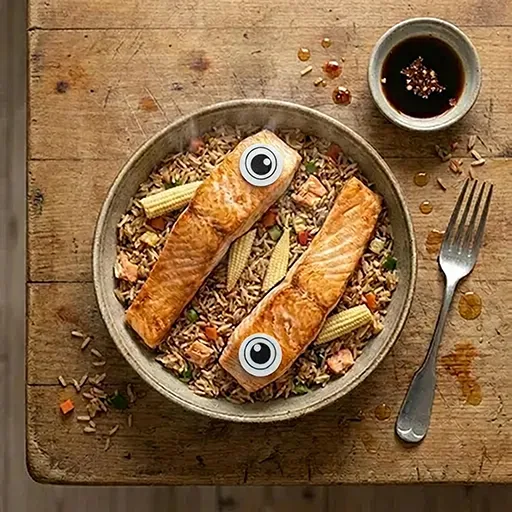 Zwei knusprige Lachsfilets mit aufgeklebten Esspapieraugen, serviert auf Bratreis mit Maiskolben und Sojasauce zum Dippen