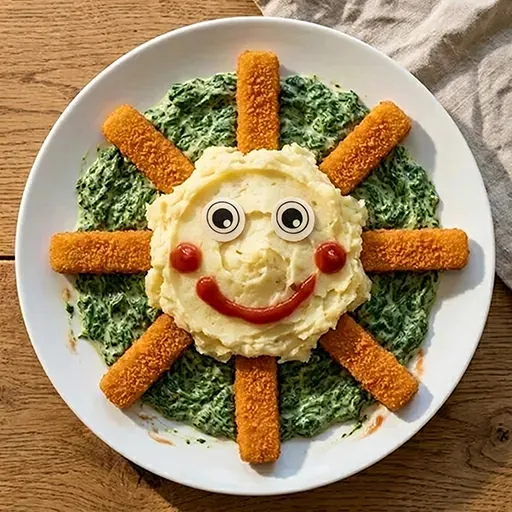 Green Crispy Mash styled as a sun: creamed spinach rays with fish stick sunbeams around a smiling mashed-potato face with googly eyes and a ketchup smile and cheeks