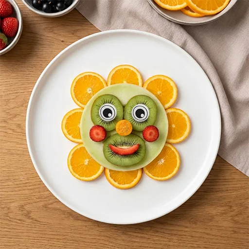 Happy Fruit Sun Variante mit Kiwischeiben-Gesicht, Orangenspalten-Strahlen, Erdbeer-Wangen und Nase aus Orange und Kiwi