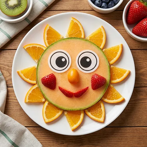 Happy Fruit Sun mit Cantaloupe-Melonen-Gesicht, Orangenspalten-Strahlen, Esspapieraugen sowie Erdbeer-Nase und -Mund