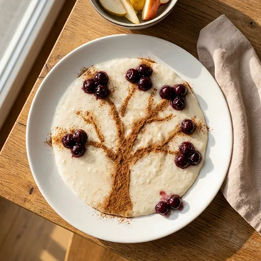 Cherry Rice Dream decorated with a cinnamon tree design and cherry compote dots as fruit on the branches