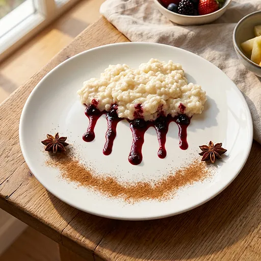 Cherry Rice Dream shaped like a cloud with berry compote rain drips, star anise decorations and a cinnamon puddle below