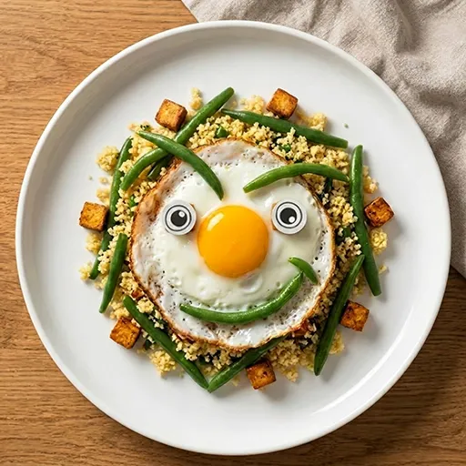 Tofu Couscous Moody: eine Couscous-Schüssel mit Spiegelei-Gesicht, Esspapieraugen, grünem Bohnen-Lächeln, Tofuwürfeln und grünen Bohnen ringsherum