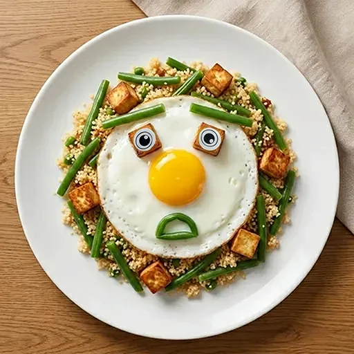 Tofu Couscous Moody Schüssel mit Spiegelei-Gesicht, Tofuwürfel-Brille mit aufgesetzten Esspapieraugen und überraschtem grünem Bohnen-Mund