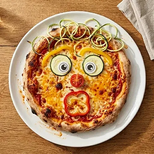 Behaarte Version der Veggie Face Pizza mit lockigem Zucchini-Band-Haar, Gurkenscheiben-Augen mit Esspapieraugen, gelben Paprika-Augenbrauen, Tomaten-Nase und rotem Paprika-Mund