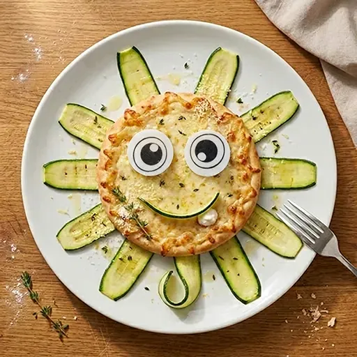 The Zucchini Shapeshifter als Sonne: ein rundes Fladenbrot mit strahlenförmig angeordneten Zucchini-Bändern, Esspapieraugen und lächelndem Mund